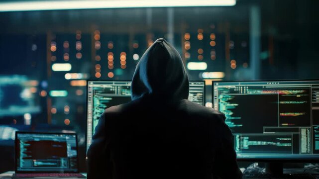 A person in a hooded sweatshirt faces multiple computer screens displaying lines of code in a dark room with city lights in the background symbolizing hacking or intense programming