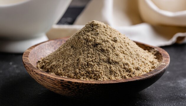 Finely ground cumin in a rustic wooden bowl, placed on a dark, moody background. The spice is golden-brown and powdery, with a soft, velvety texture. 
