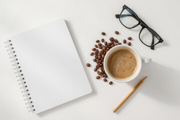 Overhead view of a blank notebook coffee beans a cup of coffee and glasses on a white surface