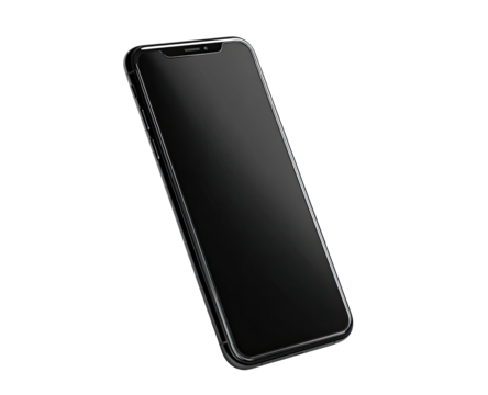 Sleek black smartphone angled on dark background, screen protector visible, showcasing minimalist design