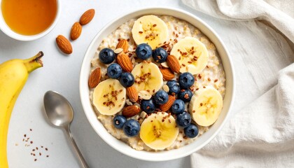 Delicious Oatmeal Bowl with Banana, Blueberries, Almonds, and Flax Seeds