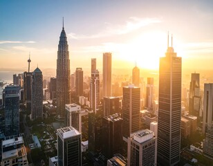 Obraz premium Aerial view of a bustling city skyline at sunrise. Modern skyscrapers, various architectural styles, golden sunlight, hazy atmosphere, urban landscape, city panorama