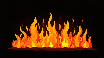 Flames against a dark background.  Fiery, vibrant display of flames, rising and spreading from a base