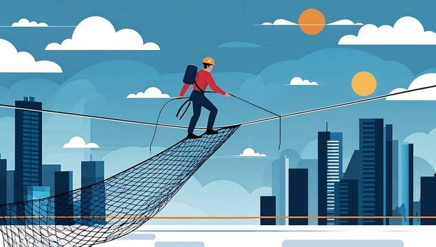 Risk management tightrope walker with safety net, corporate metaphor