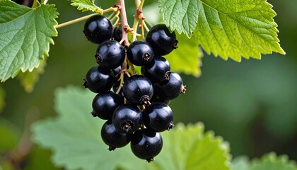 Ripe Black Currants on the Branch Close Up View.