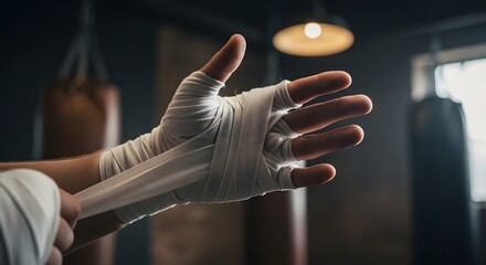 Boxer wrapping hands with athletic tape in a dimly lit gym.
