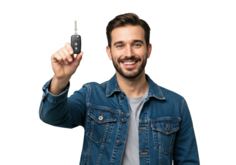 Man holding car keys in his hand isolated on transparent background