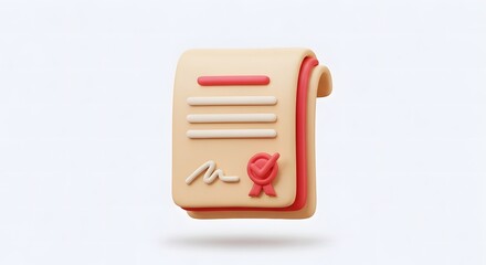 A 3D illustration of a signed official document, such as a contract or certificate, with a red wax seal.