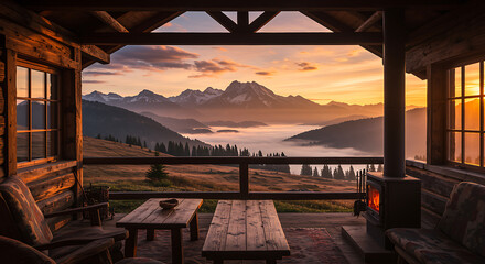 Spectacular mountain view from cozy cabin porch at sunrise invites peaceful relaxation and inspires adventure