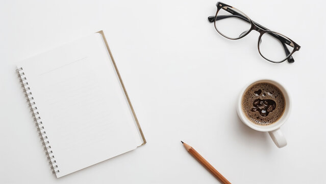 Overhead View Of A Notebook Glasses Coffee And Pencil On A White Background workspace