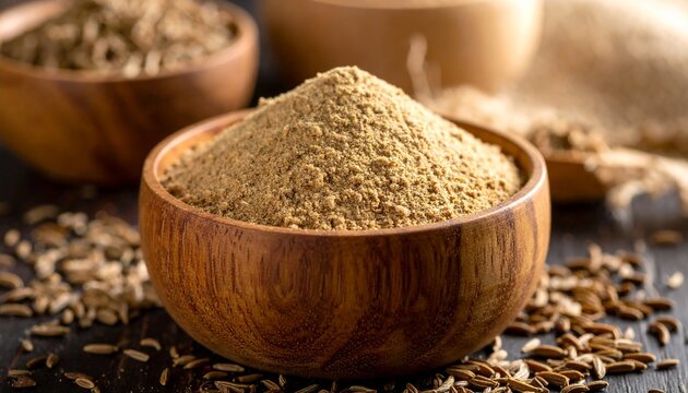 Finely ground cumin in a rustic wooden bowl, placed on a dark, moody background. The spice is golden-brown and powdery, with a soft, velvety texture. 