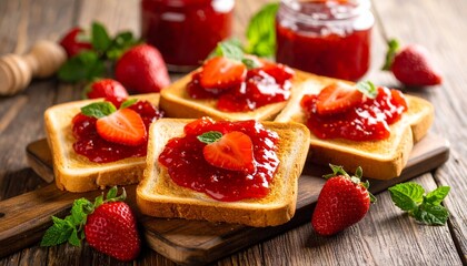 Delicious Strawberry Jam on Toasted Bread with Fresh Berries.