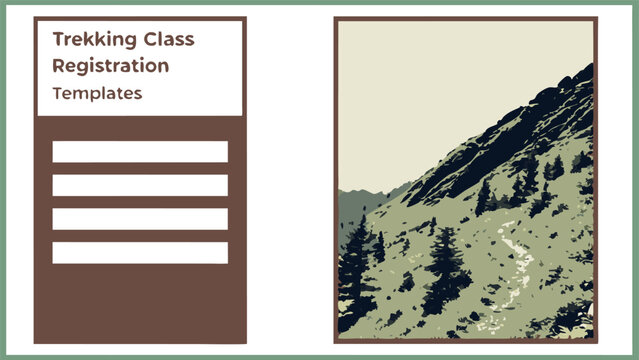 Trekking class registration form template with mountain landscape illustration for outdoor adventure events and activities