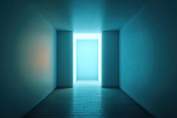 Empty corridor bathed in cool teal and cyan light