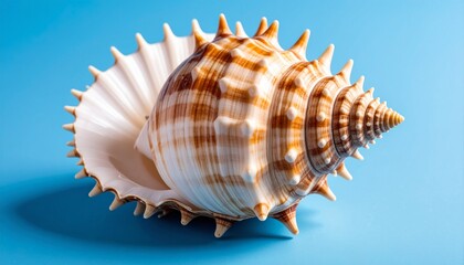 Stunning Spiky Seashell on Blue Background Perfect for Wellness Concepts.