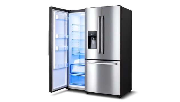 Modern refrigerator open, lit interior