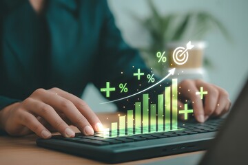 Financial Growth in Action: A person meticulously works on a computer, the glowing graphics of increasing charts and a target, symbolizing financial growth, success.