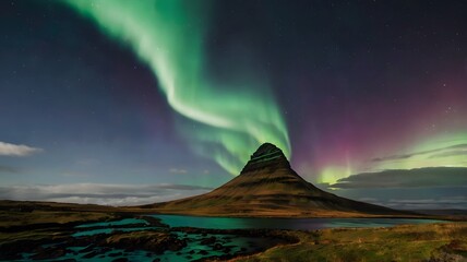 A breathtaking display of the northern lights, with vibrant green swirls of light dancing above an iconic Icelandic mountain peak at night