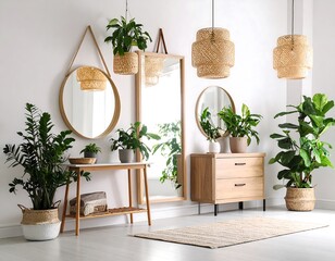 Bright, airy room with natural decor.  Plants, mirrors, and light fixtures hang in a modern entryway