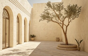 Fototapeta premium Minimalist Mediterranean courtyard with olive tree, arched windows, warm neutral tones, serene architectural design, natural earthy atmosphere
