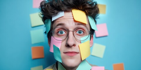 The young man surrounded by colorful sticky notes on his face and blue background.