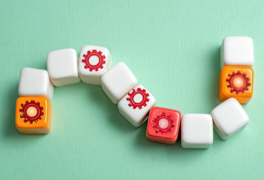 Small, colored cubes form a wavy line, each bearing a red gear symbol