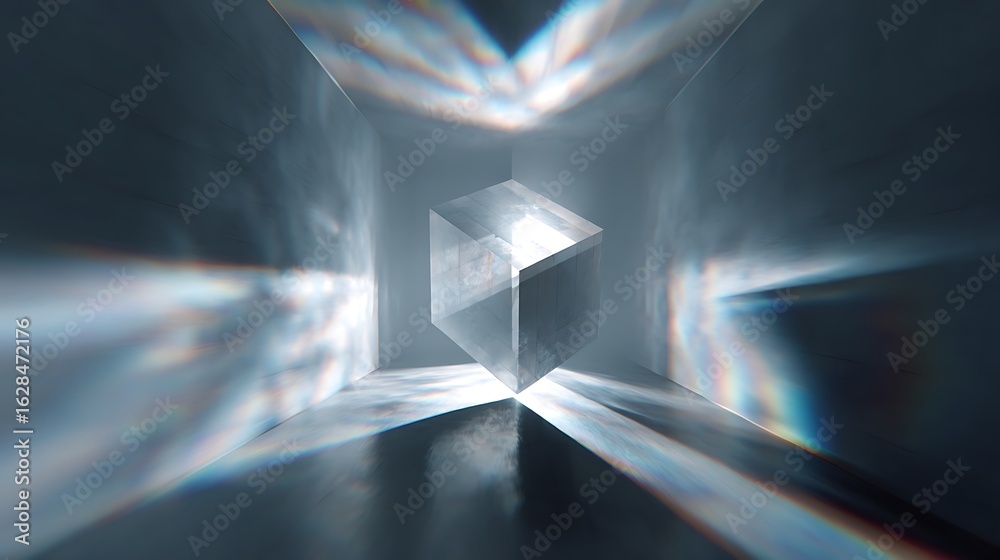 Wall mural abstract cube in a room with light rays creating a modern and geometric design, a futuristic and shi