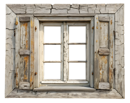 Old rustic wooden window frame isolated on white or transparent png background