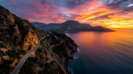 Dramatic coastal sunset over mountains and sea