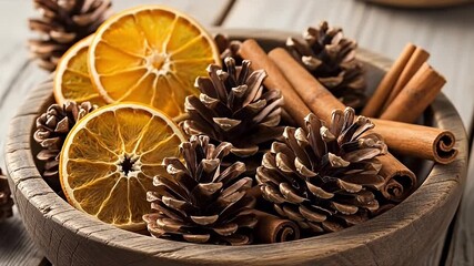 Natural Potpourri in Wooden Bowl: Dried Orange Slices, Pine Cones, and Cinnamon Sticks for Festive Home Decor and Aromatic Ambiance - Powered by Adobe