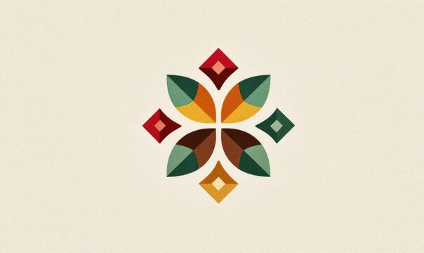 Symmetrical floral emblem with four stylized leaves in autumnal hues, accented by geometric diamond shapes, on a neutral background