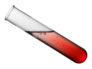 Glass test tube filled with red liquid isolated on transparent background