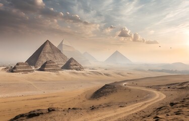 Surreal desert scene with pyramids, fantasy landscape art, mysterious sandscape view, dreamlike ancient world concept, imaginative surreal terrain