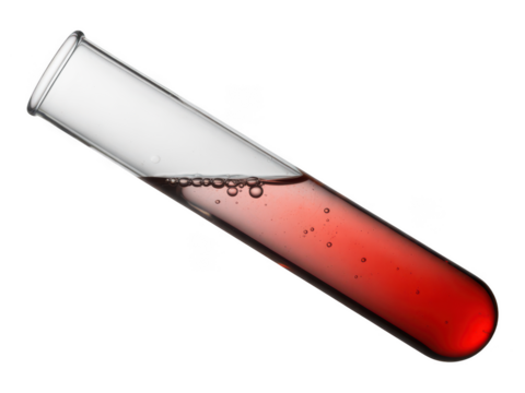 Glass test tube filled with red liquid isolated on transparent background