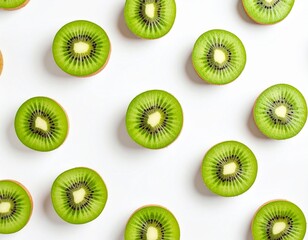 Fototapeta premium Fresh Green Kiwi Slices Pattern on White Background, Healthy Fruit Top View