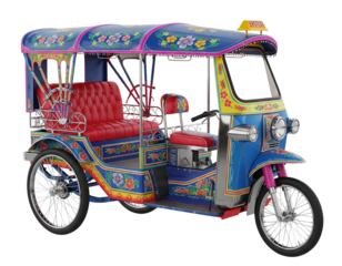 Colorful Thai Tuk Tuk with floral decorations and red leather seats isolated on transparent background