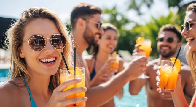 Cheerful young woman with sunglasses and a cocktail smiles at the camera, surrounded by friends enjoying a sunny summer pool party