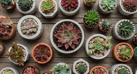 Photograph a close-up top view of a collection of colorful succulents arranged on a rustic wooden table. Include pots made of concrete, ceramic, and terracotta. Add pebbles or soil textures. No humans