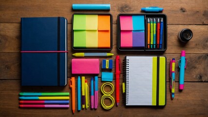 Office supplies on wood desk