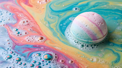 A colorful bath bomb dissolving in water with vibrant swirls and bubbles