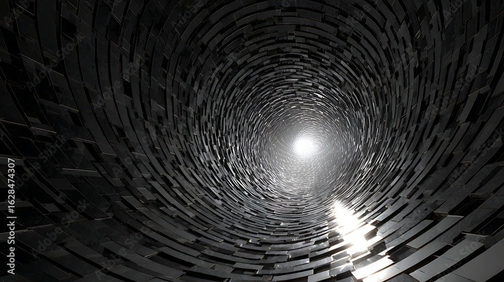Wall mural abstract dark tunnel background with light at the end, creating a futuristic and geometric perspecti