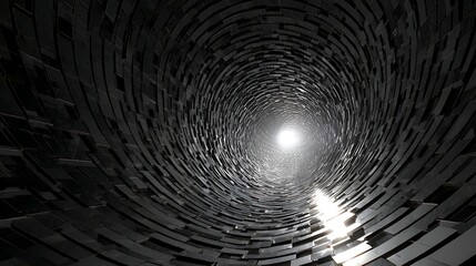 Obraz premium Abstract dark tunnel background with light at the end, creating a futuristic and geometric perspective for modern architectural and design concepts