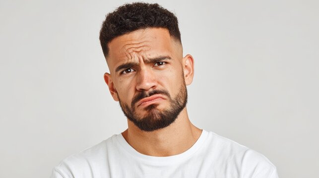 Young Handsome Hispanic Man with Skeptical Expression in White T-Shirt Against Isolated Background