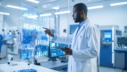 Scientist in lab coat using transparent digital screen and tablet in high-tech lab—showcasing data-driven research, innovation, and digital integration in science.