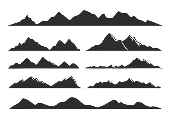 Diverse collection of simple silhouette mountain range designs and vector elements for various creative projects