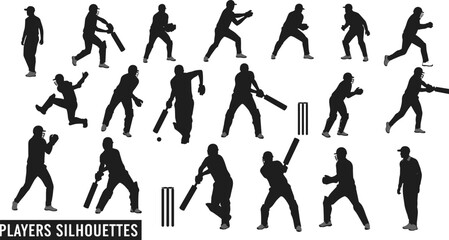 Cricket player silhouettes in action, dynamic poses for batting, bowling, fielding, vector sports design for competition, athletic-themed illustrations