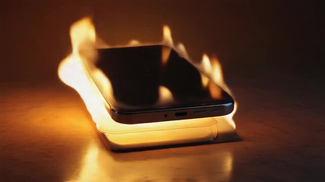 Modern smartphone catching fire while charging on a wireless charger, illustrating the dangers of faulty devices and the importance of safety precautions