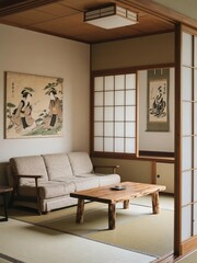 Fototapeta premium Traditional Japanese Living Room with Tatami Flooring and Shoji Screens