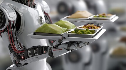 A robot waiter is serving food on a tray in a restaurant setting