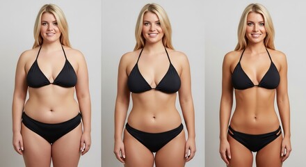 A woman's journey through weight loss, shown in three stages revealing a slimmer figure and increased confidence. Transformation, fitness, and healthy lifestyle